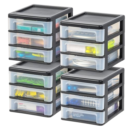 IRIS USA Plastic Stacking Desk Top 3-Drawer Storage Organizer, 2-Pack, for Makeup Vanity Nail Polish Bathroom Stationery Art Craft Supplies Kitchen Office Garage and Small Organization, Medium, Black