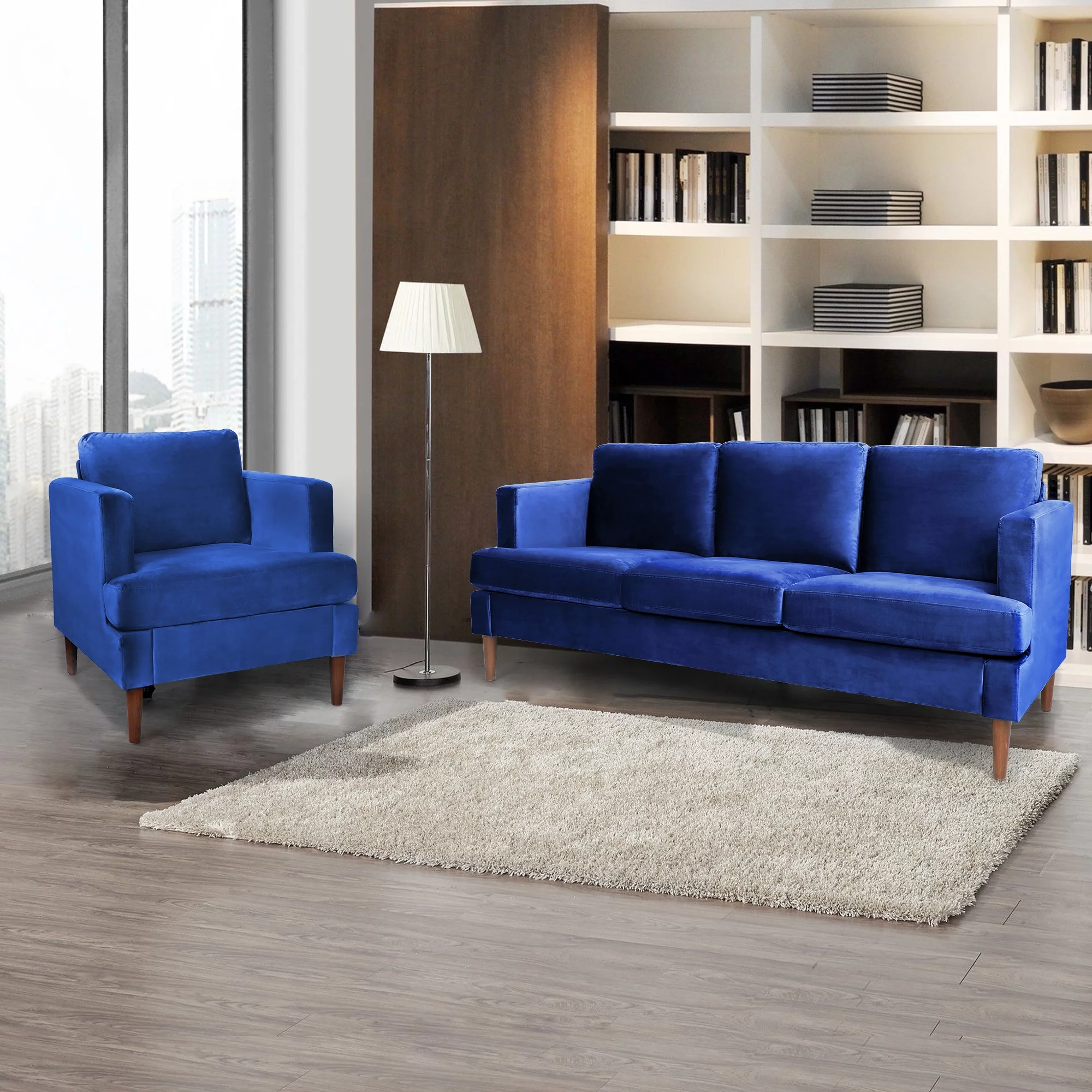 Yocwo Velvet Couches Set,2 Piece Sofa Including Three Seat Sofa and Single Chair for Living Room (Blue)