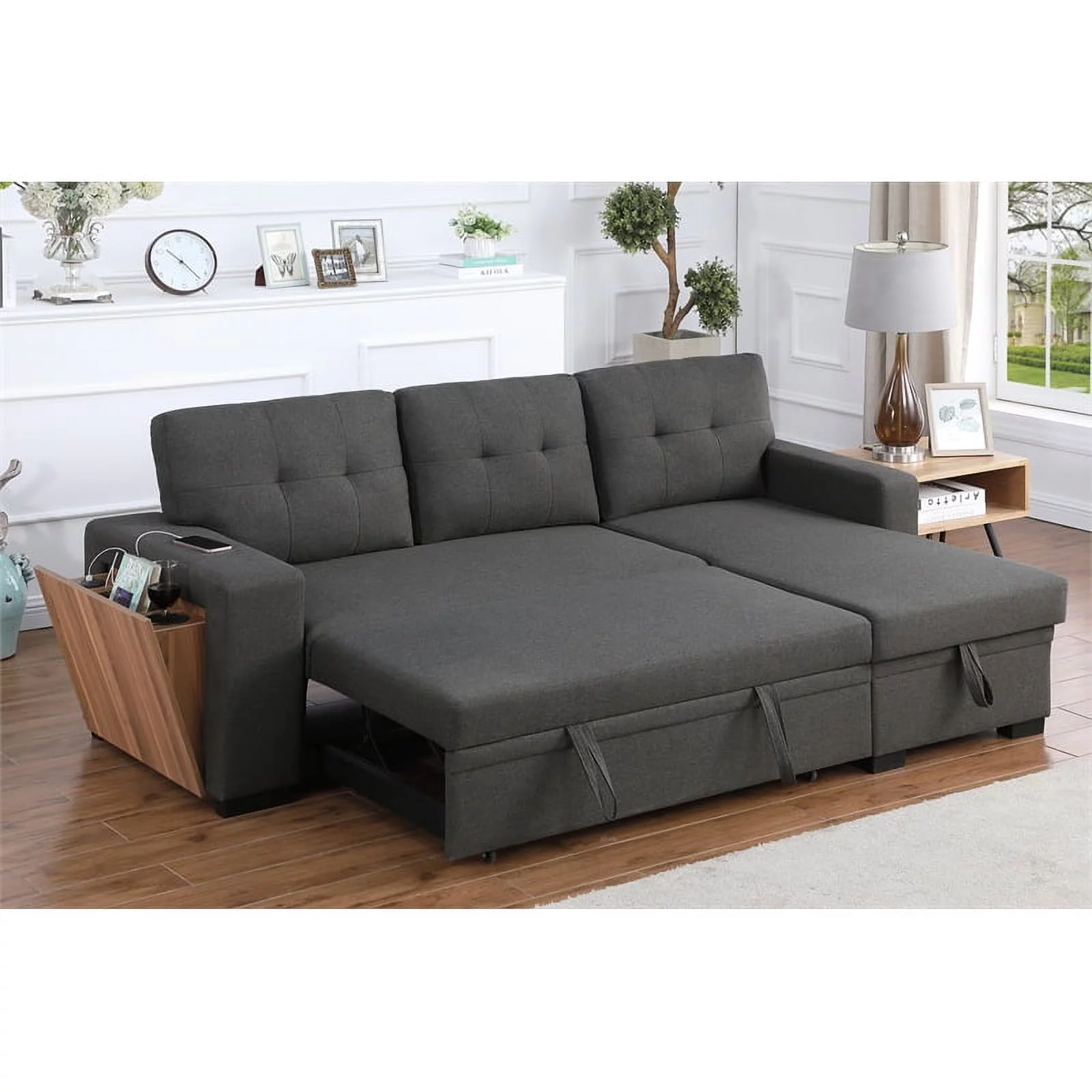 Pemberly Row Fabric Reversible Side Compartment Sectional Sofa Bed - Dark Gray