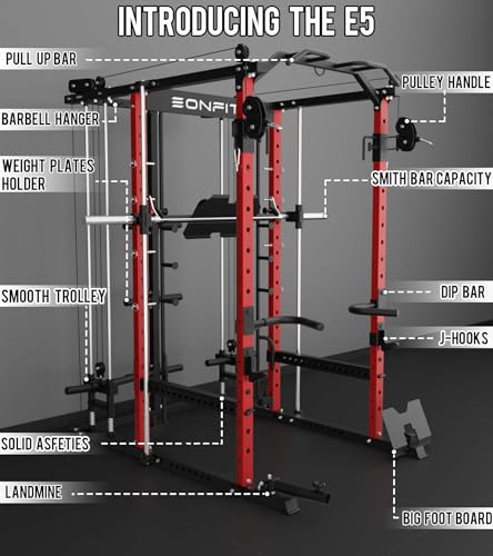 Eonfit E5 Smith Machine with Vertical Leg Press, Power Cage Squat Rack with LAT-Pull Down Cable Crossover Rotating Arms System Home Gym Equipment All in One (E5 RED)