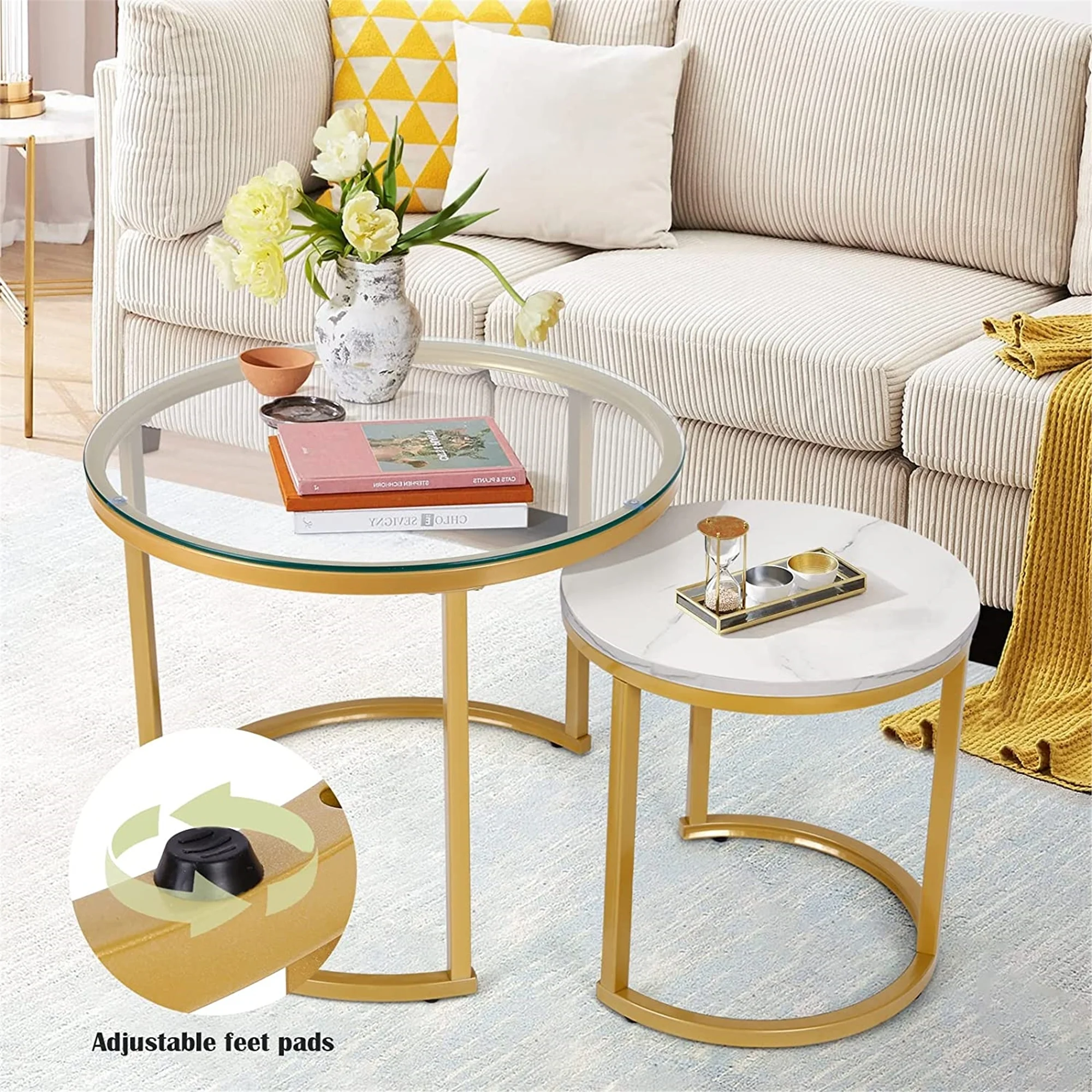 Modern Round Nesting Tables with Metal Frame (Set of 2) (White & Black)