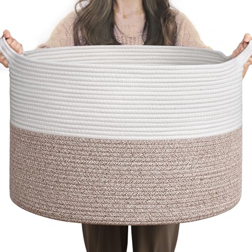 INDRESSME Large Storage Basket, 21.7'' x 13.8'' Cotton Rope Blanket Basket Living Room, Toy Organizers and Storage with Handles for Kids, Laundry Baskets for Clothes, Towel, 90L Grey