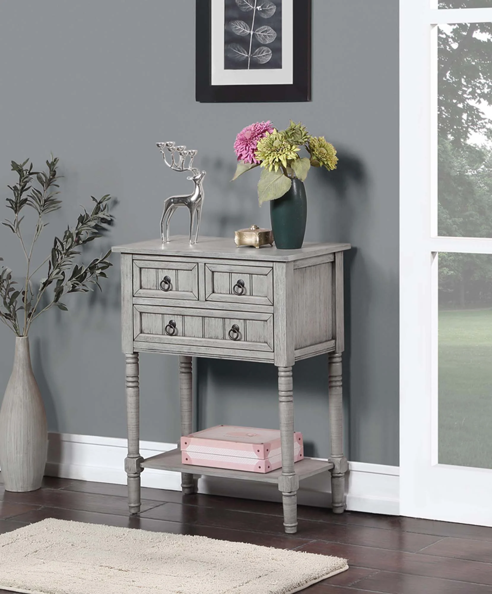 Covenience Concepts Kendra 3 Drawer Hall Table with Shelf, Wirebrush Light Gray