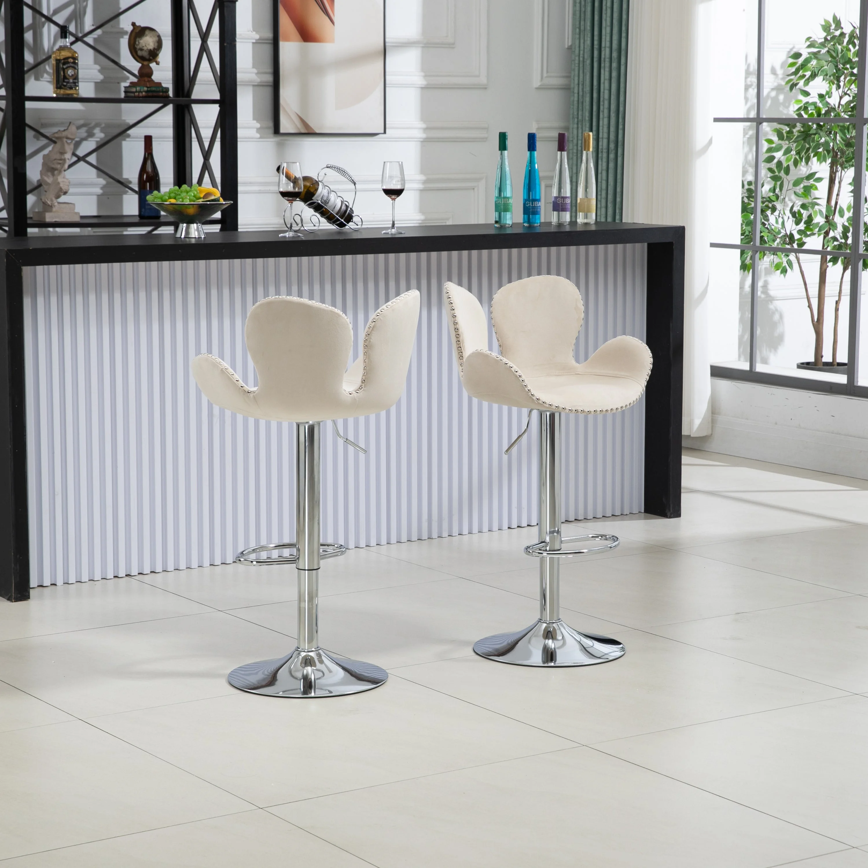 Clove Bar Stools with Back and Footrest  - Beige Set of 2