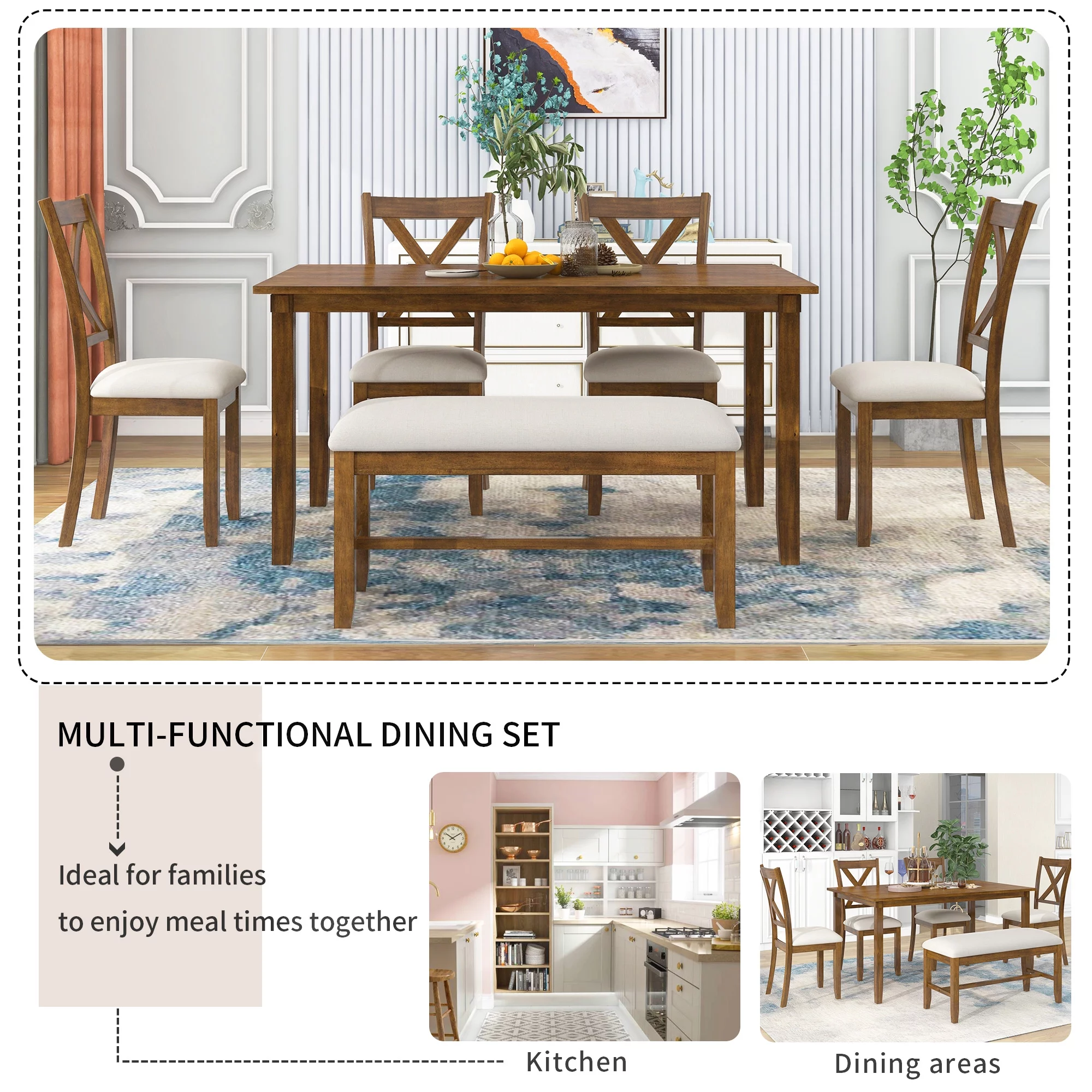 TREXM 6-Piece Kitchen Dining Table Set Wooden Rectangular Dining Table, 4 Fabric Chairs and Bench