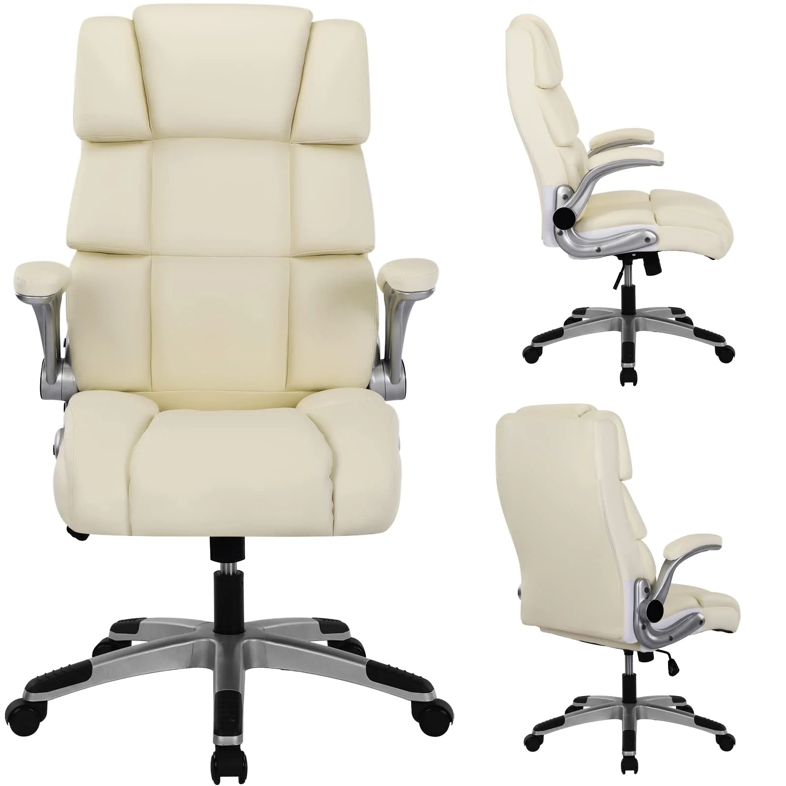 JONPONY Ergonomic Office Chair with Flip-up Armrests, Comfortable PU Leather Home Office Desk Chair Managerial Executive Chairs with Wheels & Memory Foam Back Support (Normal(400lbs)),White