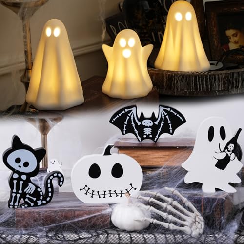 Halloween Tiered Tray Decor Table Sign,3 Pack Ceramic Halloween Ghost Decor