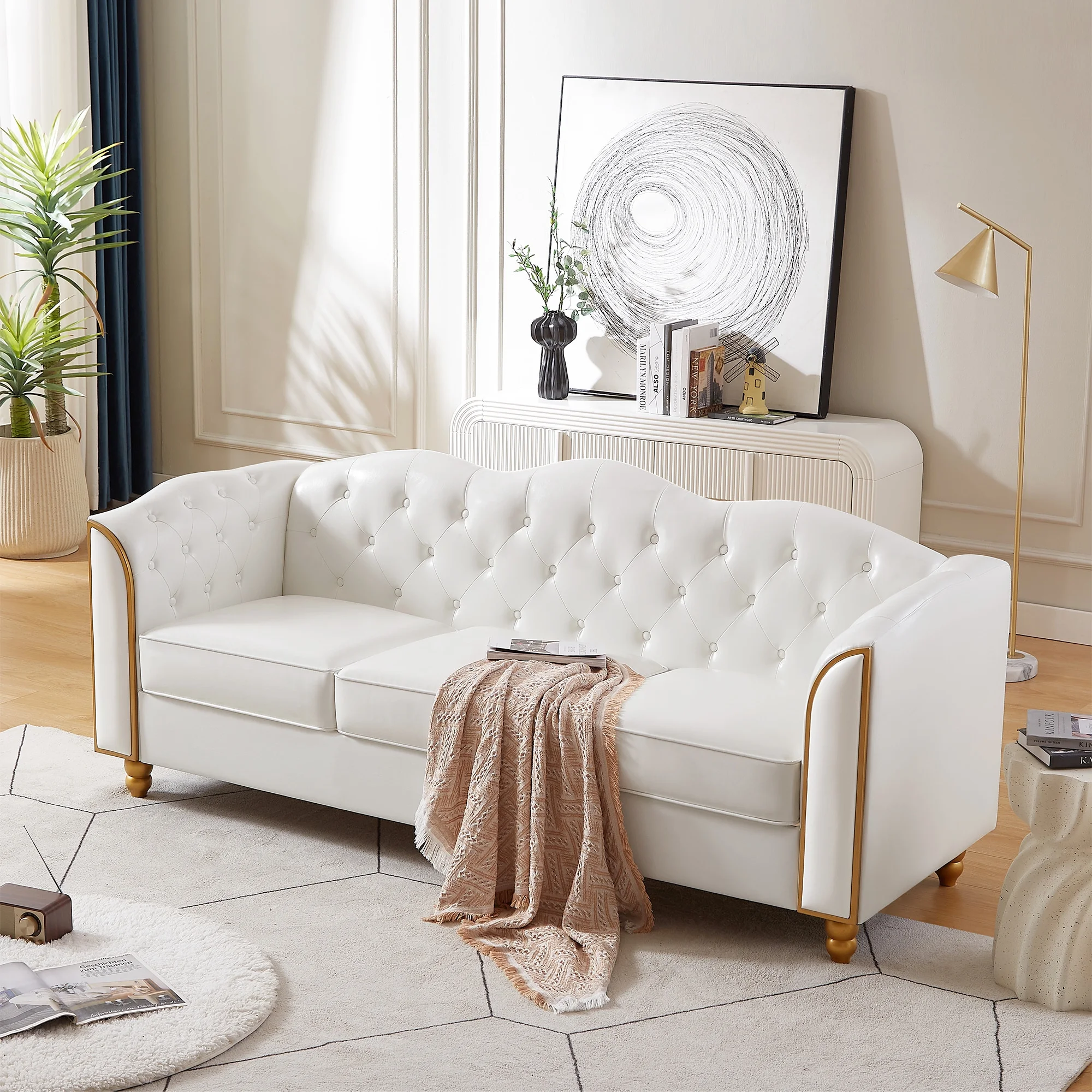 Homfa 3 Seater Sofa, 78.7'' Modern Large PU Button Upholstered Couch with Golden Wood Legs, White