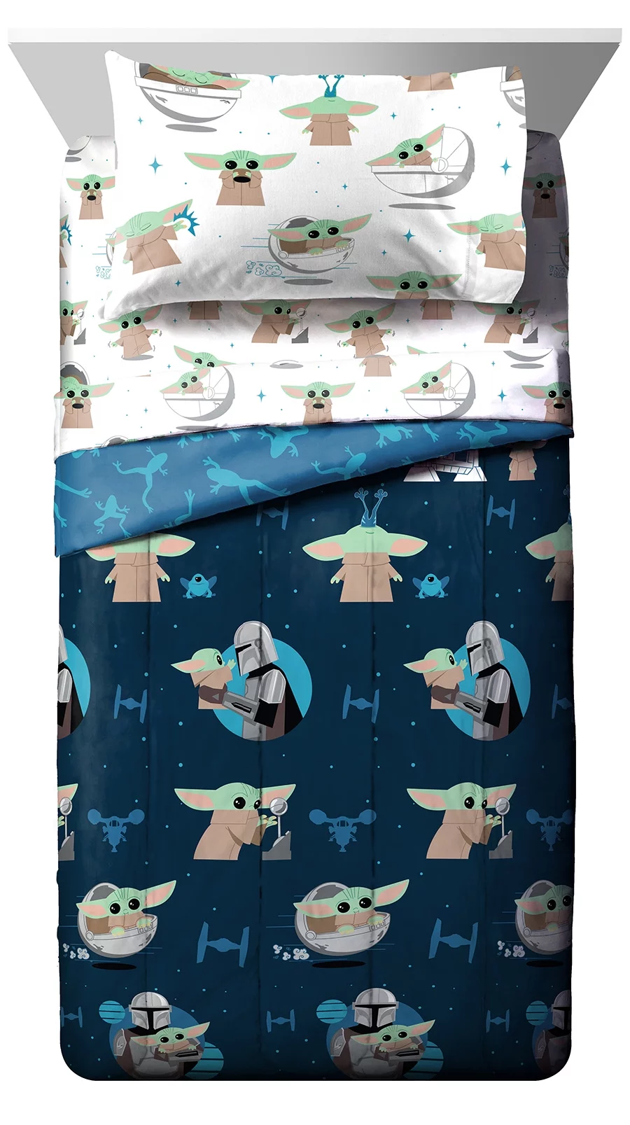 Disney The Mandalorian 4-Piece Baby Yoda Grogu and Friends Kids White Microfiber Bed-in-a-Bag, Twin