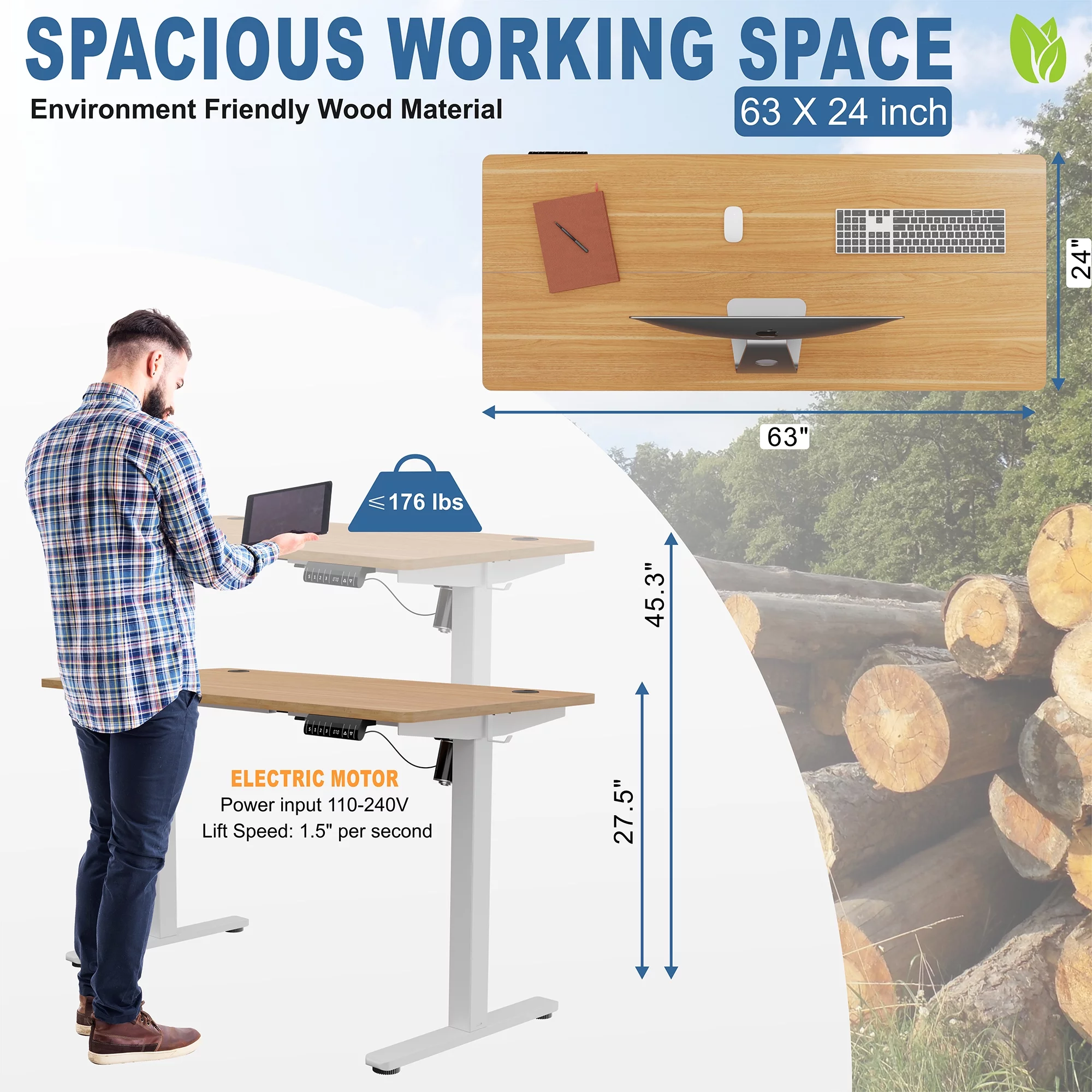 Walsunny Electric Height Adjustable Standing Home Office Desk 63 x 24 Inches Splice Board White Frame/Yellow Top