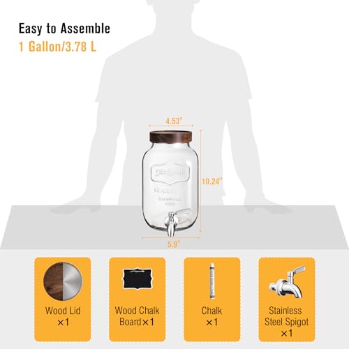 mustry Glass Drink Dispenser for Parties, 1 Gallon Beverage Dispenser with Stand and Spigot Solid Stainless Steel, Used as Lemonade Dispenser Sun Tea Jar Kombucha Jar, Set of 2