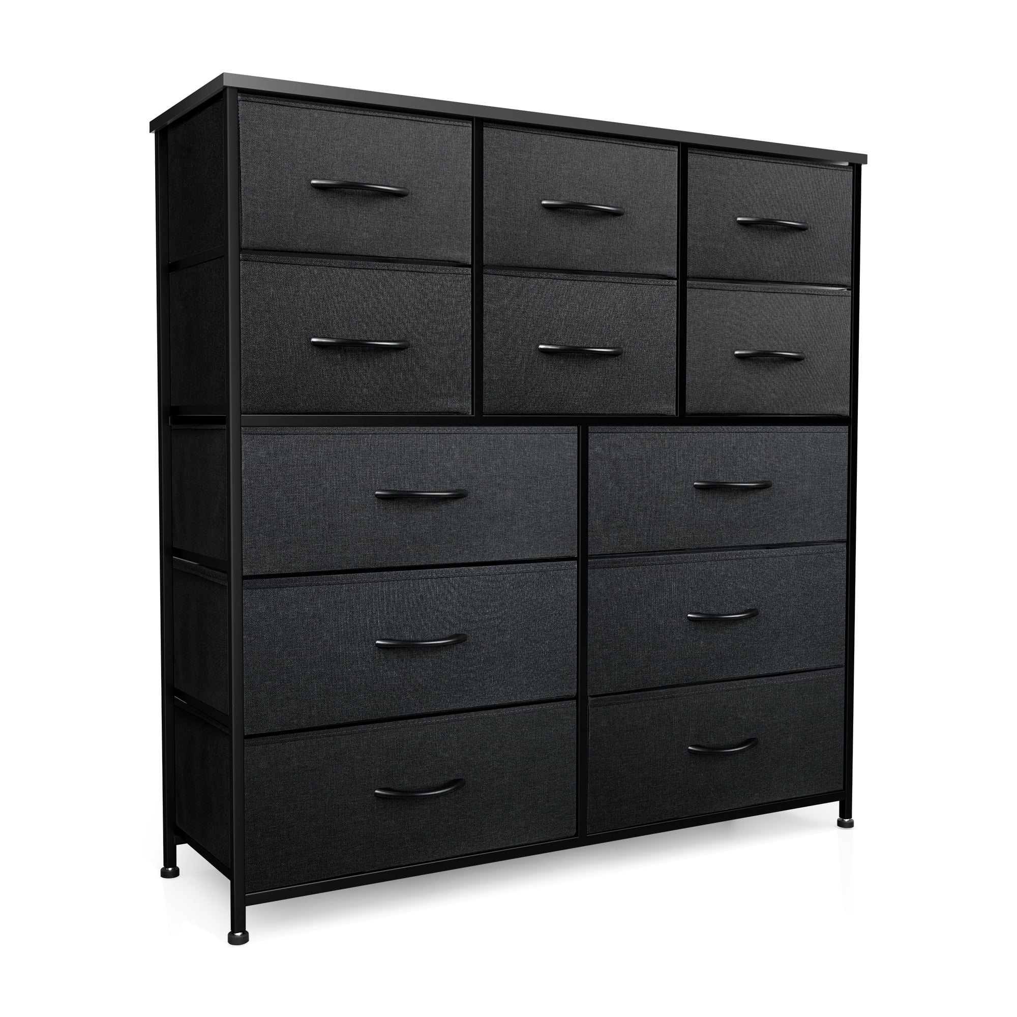 Dresser for Bedroom with 12 Drawers, Storage Drawer Organizer, Wide Chest of Drawers for Closet, Clothes, Kids, Baby, TV Stand with Storage Drawers, Wood Board, Fabric Drawers(Black Grey)
