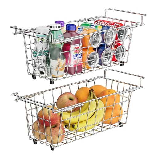 Chest Freezer Organizer Bins 2 Pack, Expandable Stainless Steel Wire Freezer Basket for Organizing, Pantry Storage Refrigerator Baskets for Sort Frozen Meats and Foods