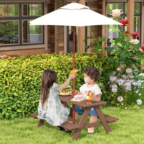 HONEY JOY Kids Picnic Table, Toddler Outdoor Table & Bench Set, Wooden Children Patio Furniture with Folding Umbrella, Kids Picnic Tables for Outdoors, Gift for Boys Girls