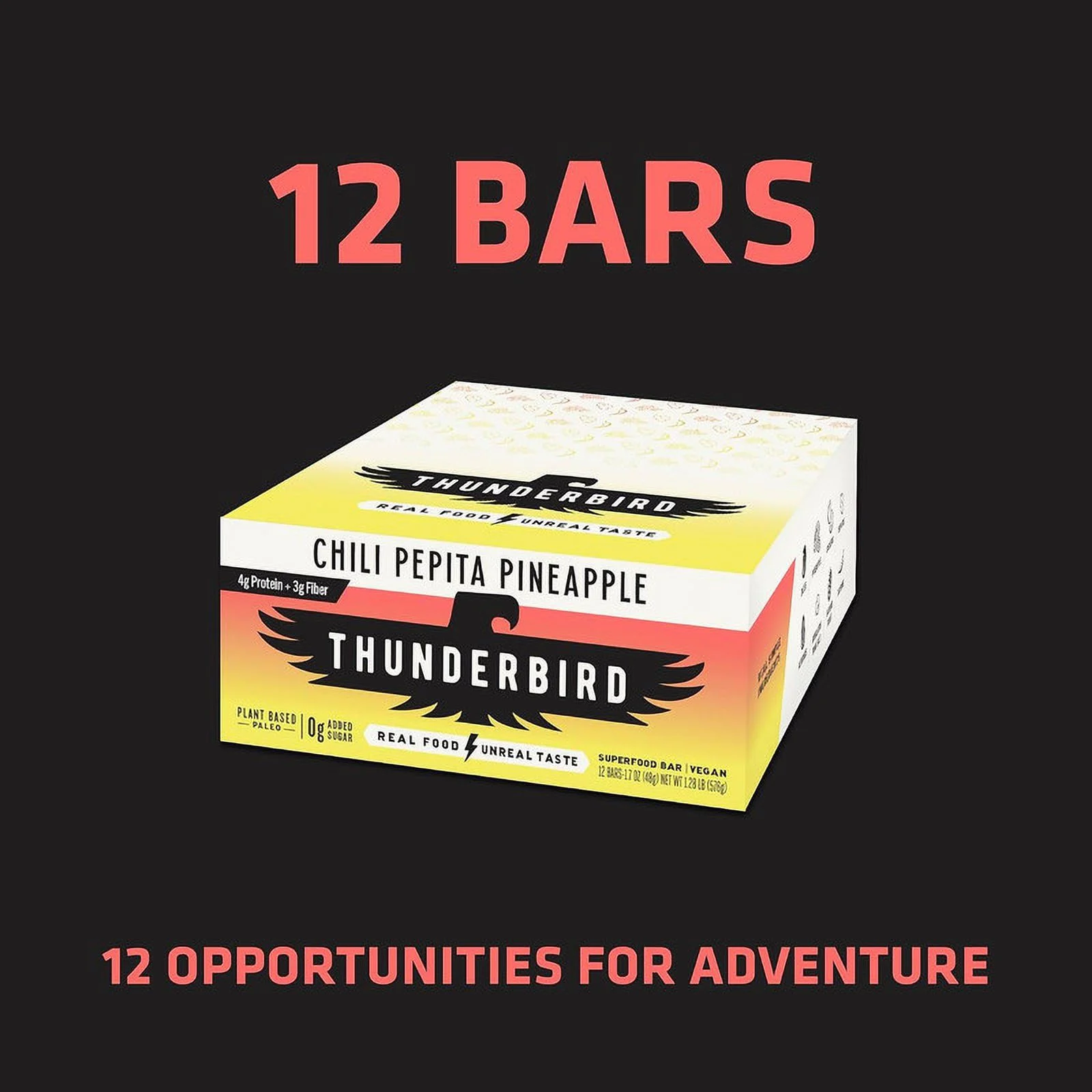 Thunderbird Real Food Energy Bars, Chili Pepita Pineapple, Plant Based Protein, 1.7 Ounce, Fruit & Nut Nutrition Bars - No Added Sugar, Grain and Gluten Free, Non-GMO, 12 Pack