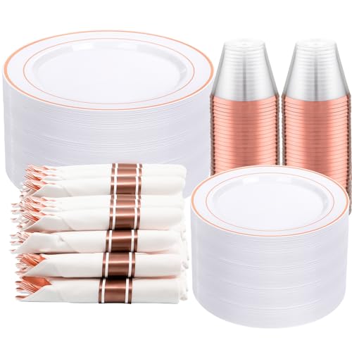 DaYammi 350PCS Clear Gold Plastic Dinnerware Set for 50 Guests, Thanksgiving Plates Disposable, Include: 50 Dinner Plates, 50 Dessert Plates, 50 Pre Rolled Napkins with Gold Silverware, 50 Cups