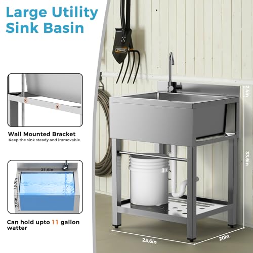 Utility Sink Free Standing Single Bowl Kitchen Sink with Cold and Hot Water Pipe Stainless Steel Sink for Laundry Room Bathroom Farmhouse