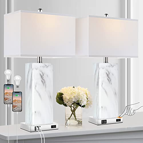 Touch Control Table Lamps Set of 2, Modern Contemporary Bedside Lamp with 2 USB Ports 1 AC Outlet, 3-Way Dimmable Nightstand Lamp Faux Marble Gold Black Rectangular Shade for Living Room Bedroom