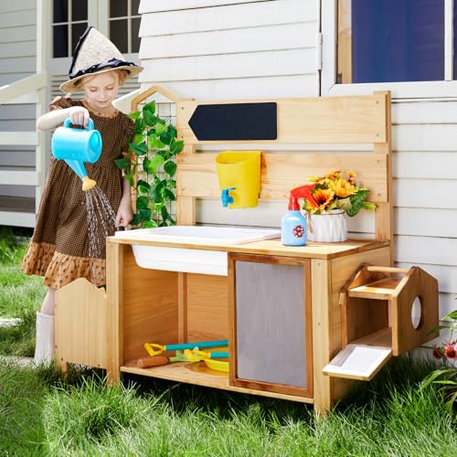 7 in 1 Kids Potting Bench Wooden Potting Table with Raised Garden Bed,Storage Space,Bug Catcher,Sink and Chalk Board, Outdoor Mud Kitchen for Kids 3+