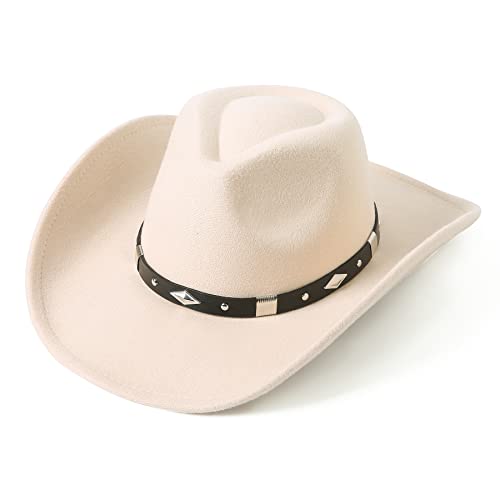 Lanzom Women Men Classic Felt Wide Brim Western Cowboy Cowgirl Hat with Belt Buckle