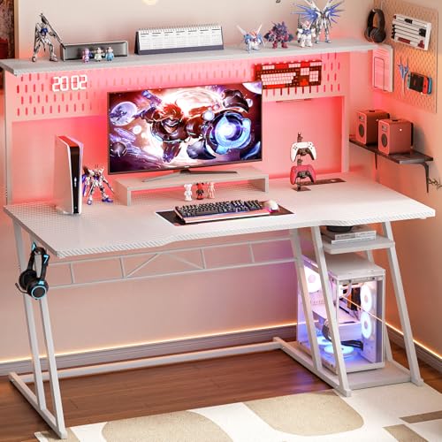 Armocity Gaming Computer Desk with Shelves and Outlets, Gaming Desk with Hutch and LED Lights, Reversible PC Gaming Desks with Pegboard, Carbon Fiber Black 47''