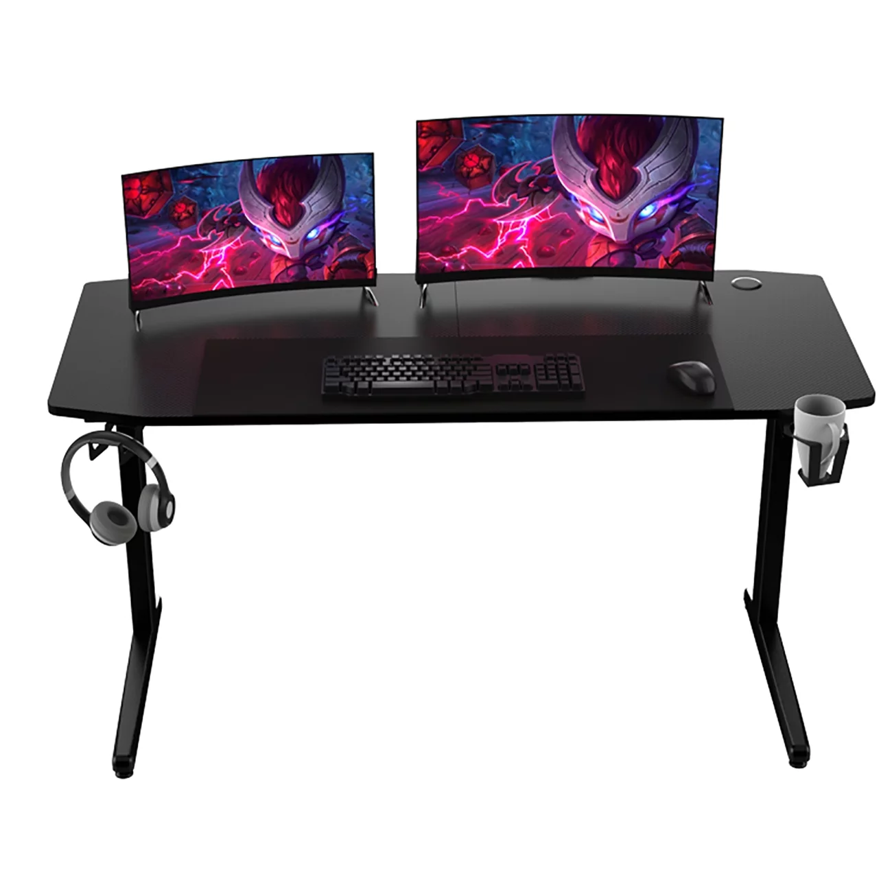 140x65x75cm Ergonomic Gaming Desk, T Shaped Office PC Computer Desk,with Headphone Holder,Cup Holder,Black Panel,Mouse Pad