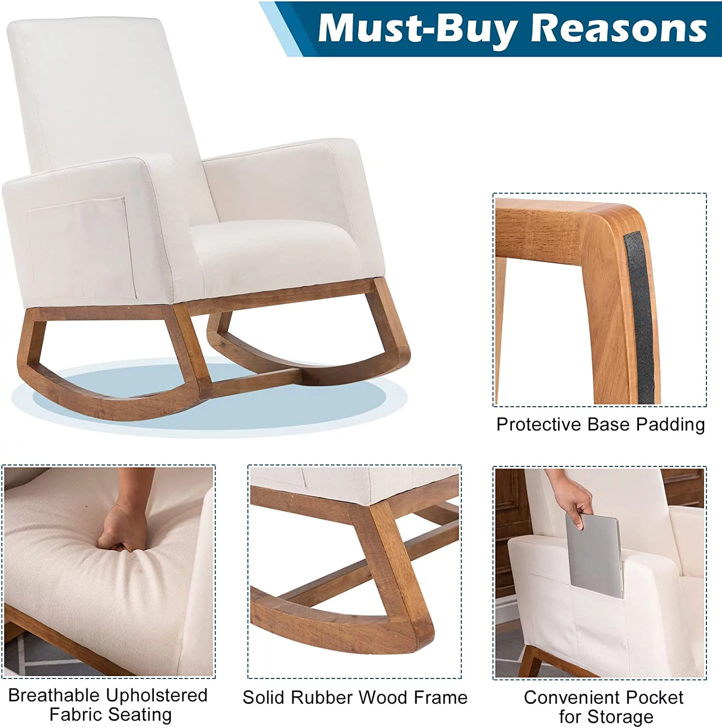 VINGLI Rocking Chairs for Nursery, Beige Glider Mid Century Rocking Chair for Toddler Creamer Solid Wood Rocker