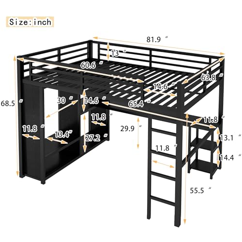 Ball & Cast Full Size Loft Bed with L-Shaped Desk & Wardrobe, Metal Loft Bed with Storage Cubes and Shelves, Loft Bed Frame with Full-Length Guardrails,Space-Saving,No Box Spring Needed, White