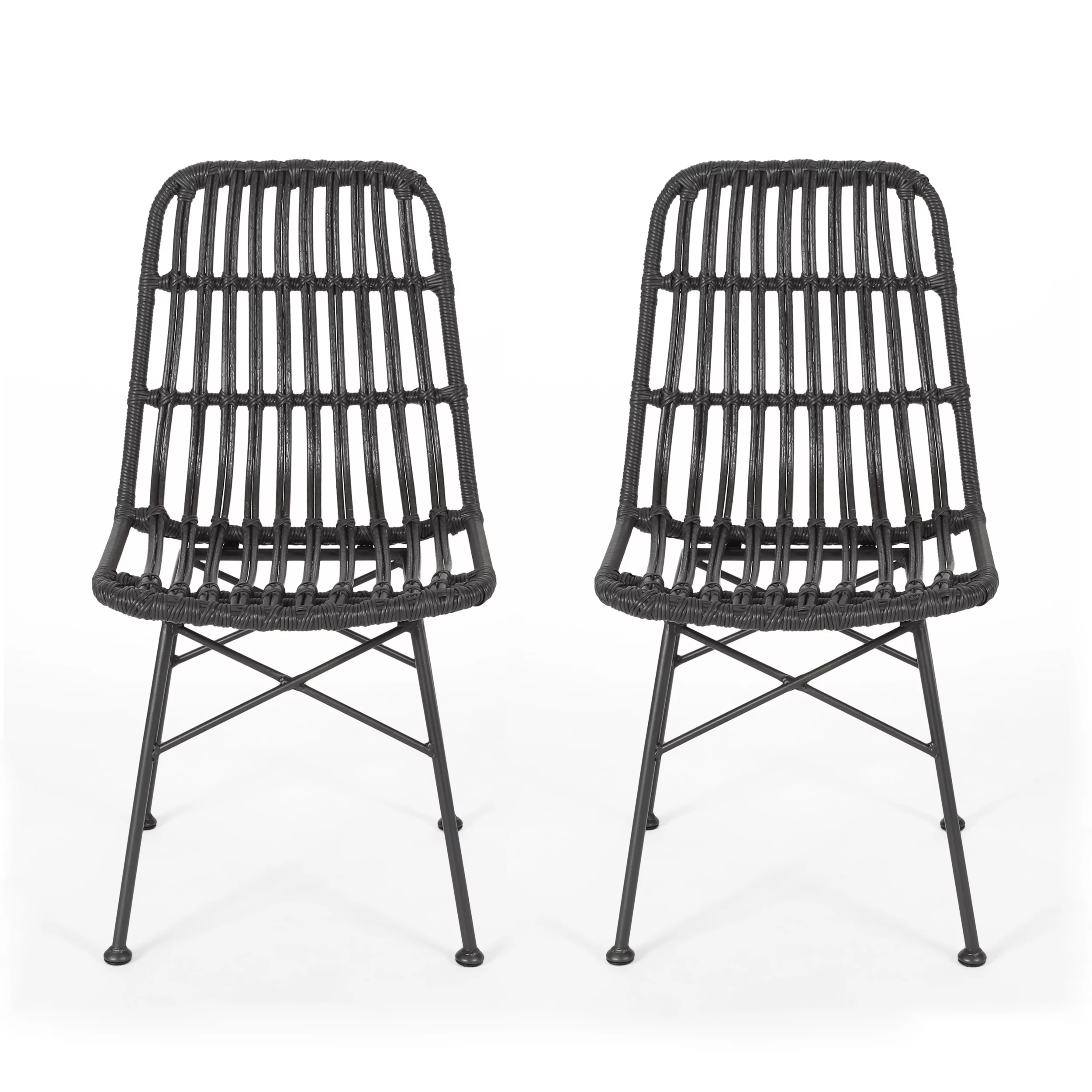 GDFSTUDIO Jessie Outdoor Wicker Dining Chairs (Set of 2), Gray and Black
