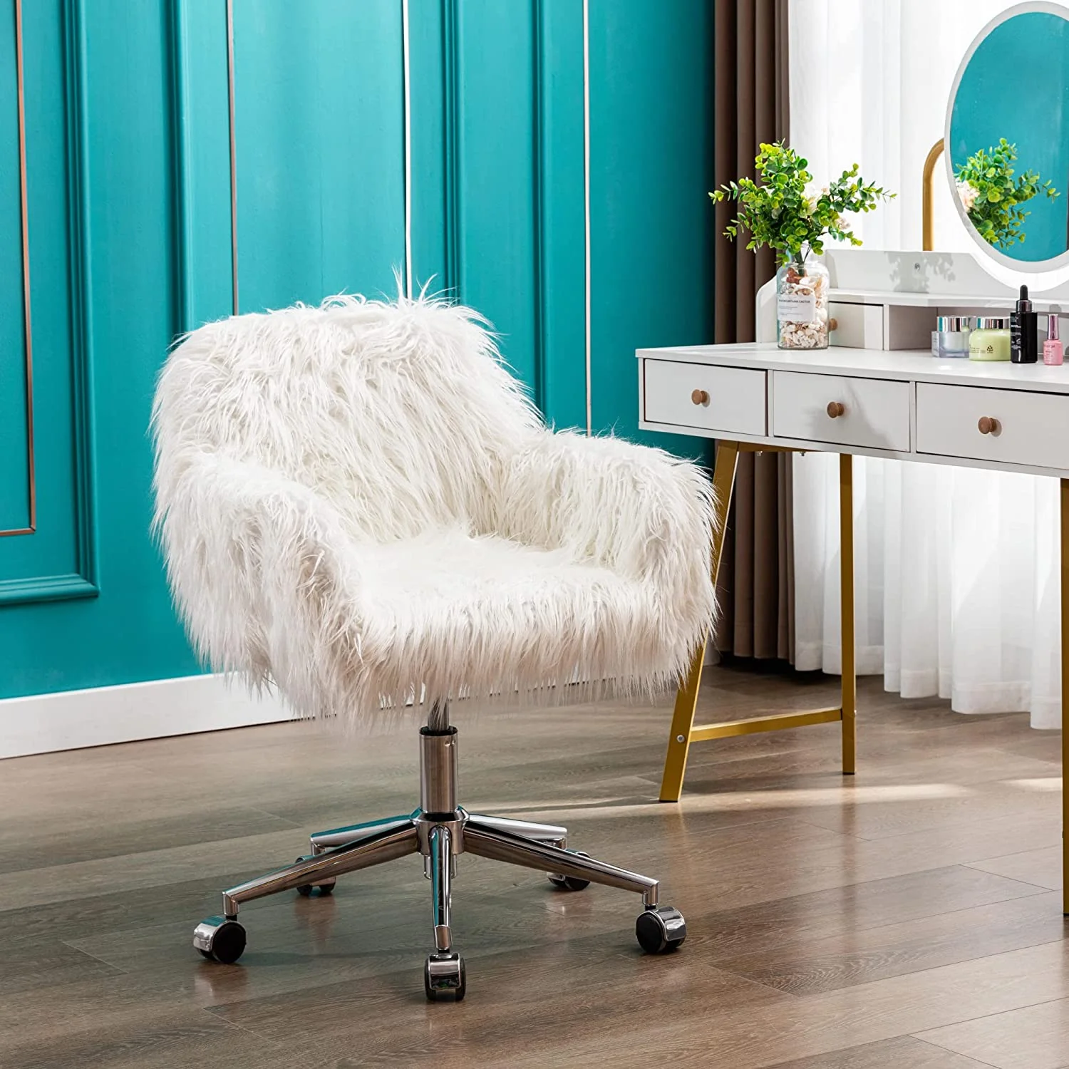 White Vanity Chair Faux Fur Swivel Home Office Desk Chair, Soft Fluffy Chair For Bedroom For Girls, Makeup Vanity Chair With Back, Cute Office Chair With Upholstered Seat, White