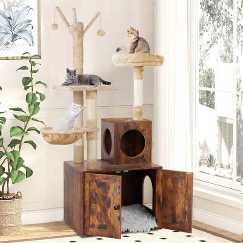 Cat Tree Tower with Litter Box Enclosure, 2-in-1 Wooden Cat Condo with Sisal Scratching Post, Hammock, Brown