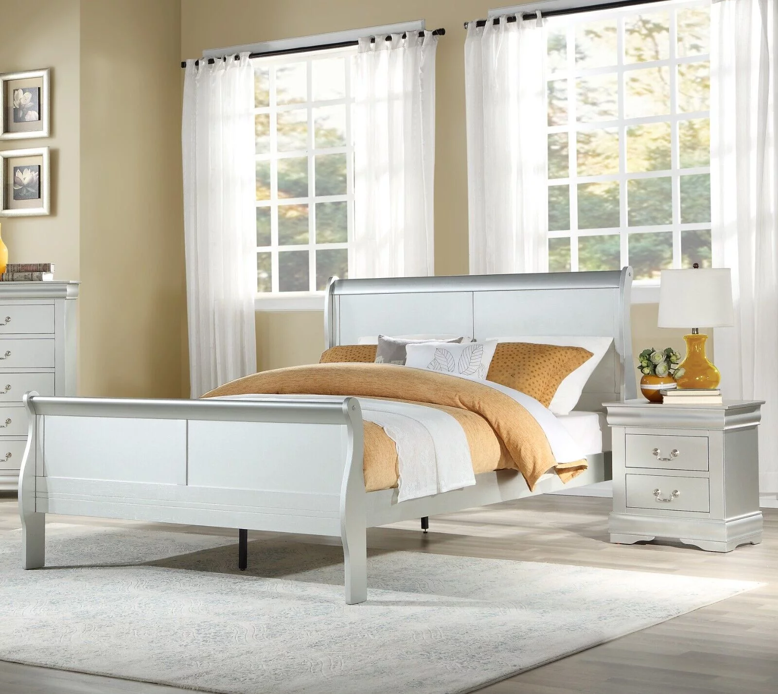 Louis Phillippe 3pc Bedroom Set Twin Bed 2x Nightstands Platinum Finish Classic Bedroom Furniture