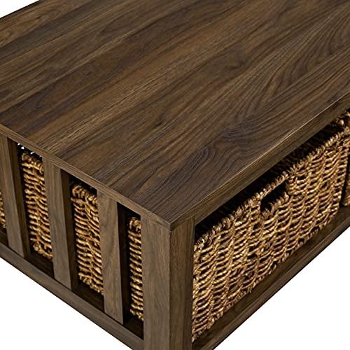 Walker Edison Coastal Black Living Room Coffee Table with Lower Shelf and Faux Rattan Wicker Baskets, 40 Inch