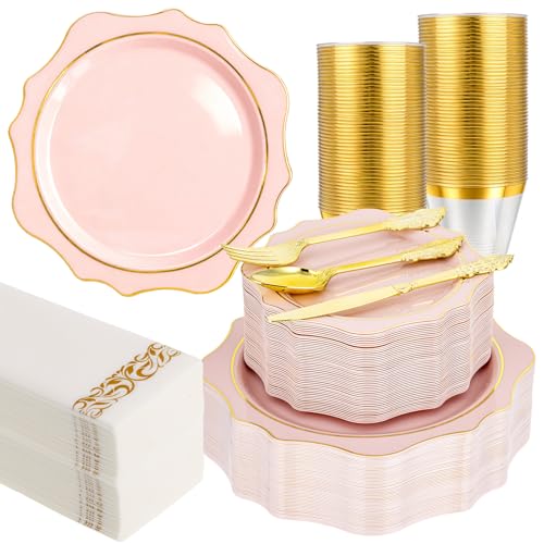 350 PCS Clear and Gold Plastic Plates, Gold Disposable Plates for 50 Guests, Includes 100 Disposable Plates, 50 Cups, 150 Silverwares, and 50 Napkins for Party, Graduation and Wedding