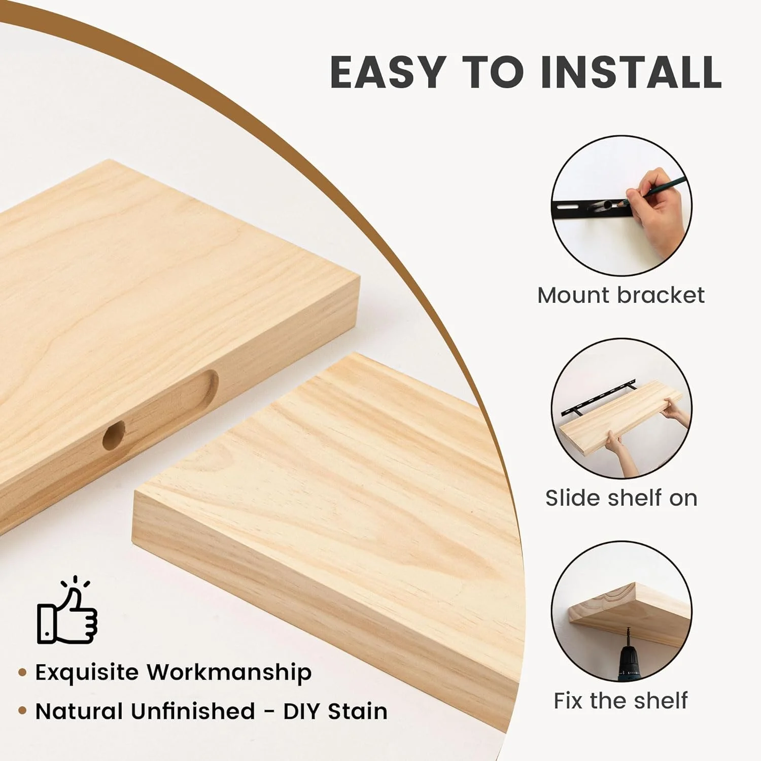 48 Inch Fireplace Mantel - 8 Inch Deep Rustic Premium Solid Pine Wood Floating Shelf - Farmhouse Wall Mounted Display Shelf - Heavy-Duty Metal Bracket - 48