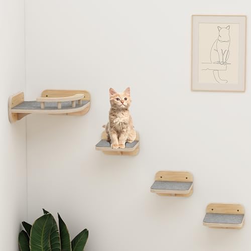 Megidok Cat Wall Furniture Corner Climbing Shelf Perches, Cat Bed Wall Mounted with 3 Wide Steps,Modern Floating Stairs for Wall Indoor Cats up to 13 Lbs,Gift for Cat - Wood Color