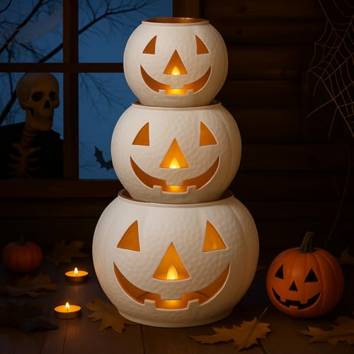 Nuogo 3 Pcs Halloween Metal Jack O Lanterns Pumpkin Set with LED Candles - Pumpkin Lanterns in White Color Creepy Cloth Decoration Bundle for Halloween Fall Rustic Indoor & Outdoor Decor