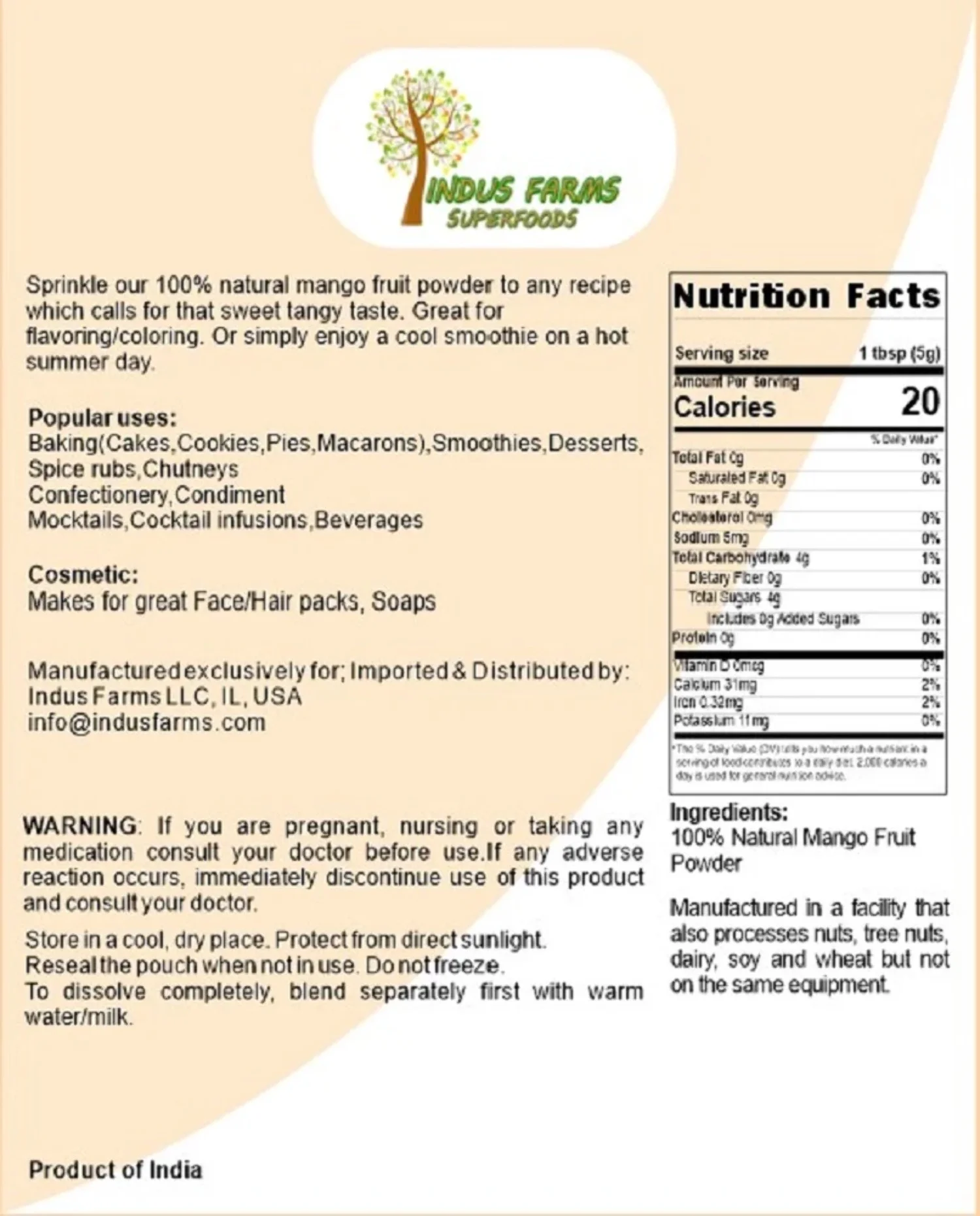 Indus Farms 100% Natural Mango Whole Fruit Powder, GMO-Free, Gluten-Free, Vegan