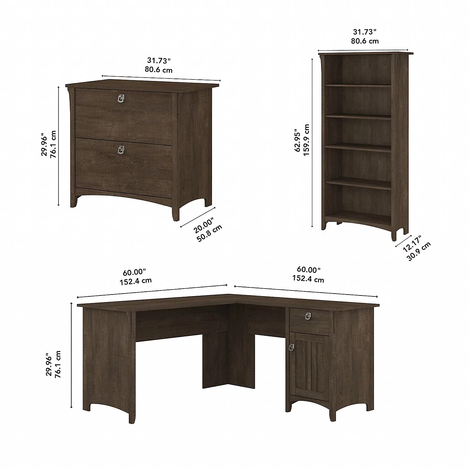 Salinas L Desk with File Cabinet & Bookcase in Ash Brown - Engineered Wood