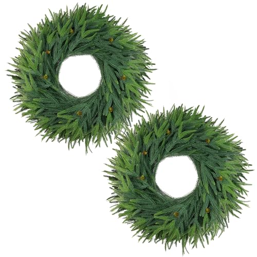 24inch Christmas Wreath 2 Pack, Norfolk Pine Wreath for Front Door, 24 Inch Xmas Village Wreath Holiday Decor Christmas Decorations for Home Wall Window Indoor Outdoor Outside Winter