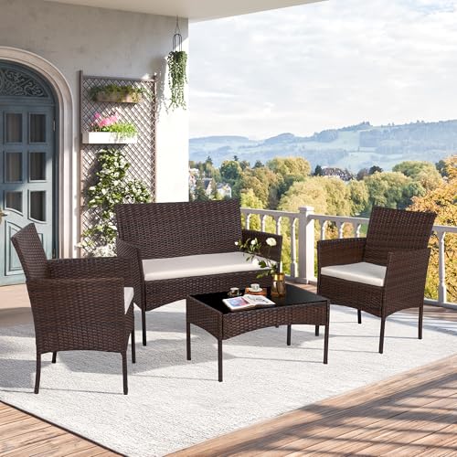 Shintenchi 4 Piece Outdoor Patio Furniture Sets, Small Wicker Patio Conversation Furniture Rattan Chair Set with Tempered Glass Coffee Table for Backyard Porch Garden Poolside Balcony,Black