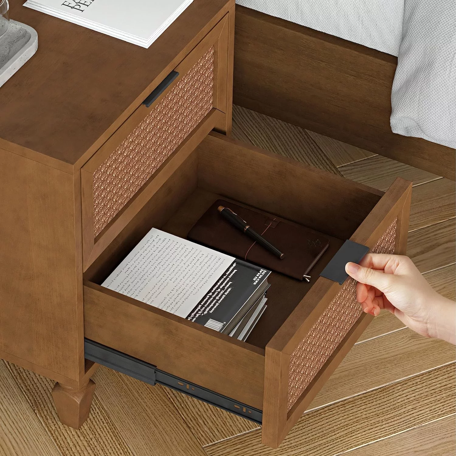 DG Casa Cove Rattan 2-Drawer Small Nightstand in Walnut with Mixed Materials & Detailed Leg Design