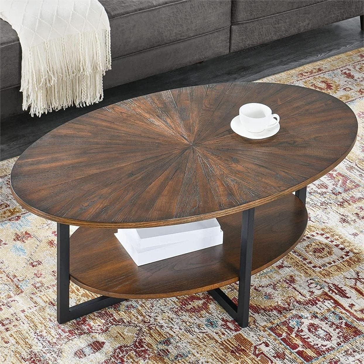 Solid Wood Oval Coffee Table with Cross Metal Legs Wood