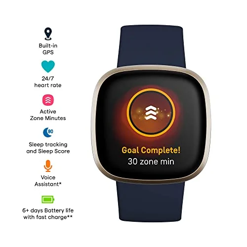 Fitbit Versa 3 Health & Fitness Smartwatch with GPS, 24/7 Heart Rate, Alexa Built-in, 6+ Days Battery, Midnight Blue/Gold, One Size (S & L Bands Included)