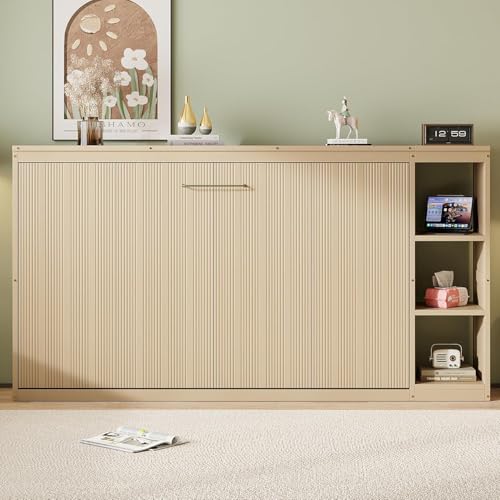 Full Murphy Bed with Storage Shelves,Wood Murphy Bed Cabinet with Storage Bookcase,Fold Up Bed Modern Murphy Wall Bed Full Size (White,Full)