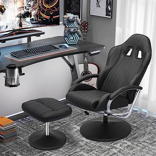 MoNiBloom Racing Style Recliner Chair with Ottoman, Adjustable Backrest Gaming Recliner, Padded Armrest and 360° Swivel, Perfect for Gaming and Relaxation, Black