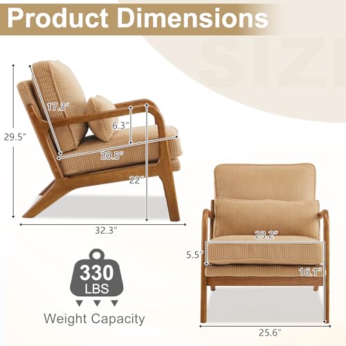 Karl home Mid-Century Modern Accent Chair, Living Room Chairs with Pillow Corduroy Upholstered Lounge Armchair with Solid Wood Frame & Soft Cushion for Bedroom, Reading Room, Khaki