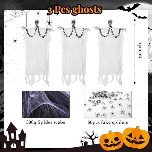 3 Pcs 39'' Halloween Decoration Hanging Grim Reapers with 1000 Sqft Spider Webs 60 Spider 3 Chain Halloween Skeleton Ghost Decor Scary Haunted House Prop Outdoor/Indoor(Scary Color)