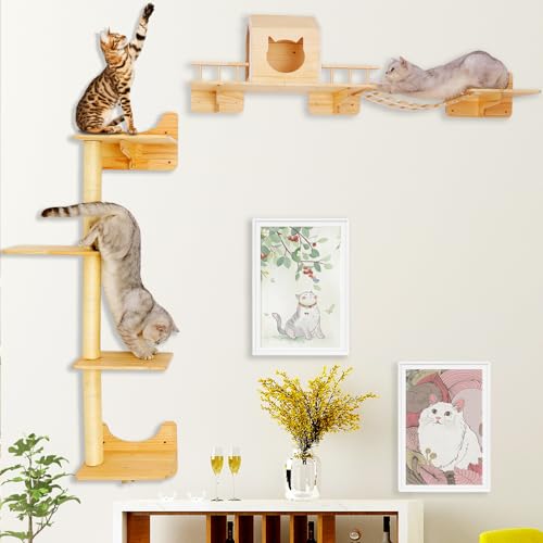 Cat Wall Shelves, Furniture Set, Shelves and Perches for Wall, Climbing Shelf Playground Scratching Post with 3 Steps Indoor Mounted Condos House