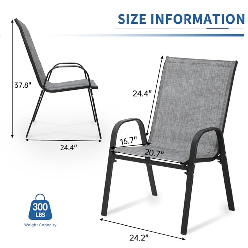 Patio Chairs Set of 6 - Outdoor Stackable Dining Chairs for All Weather - Lightweight Textilene Outdoor Chair Sets with Armrests - 300Lbs Capacity - for Backyard Garden Porch Poolside (Grey)